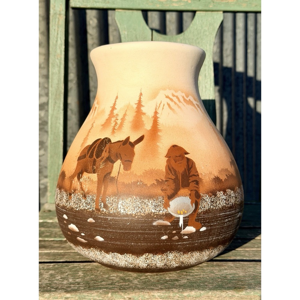 Large Signed Benally Navajo Diné Pottery Vase 9.25" Gold Rush Miner Prospector